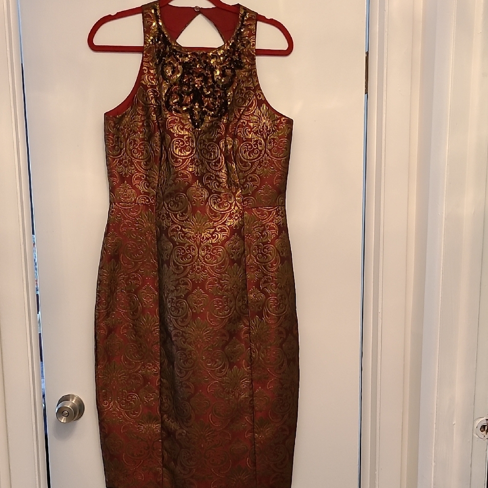 Red and Gold Halter Embellished Sheath Midi Dress